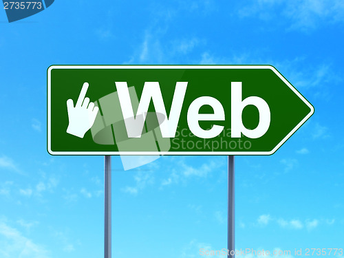 Image of Web design concept: Web and Mouse Cursor on road sign background