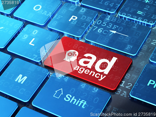 Image of Advertising concept: Head With Gears and Ad Agency on keyboard