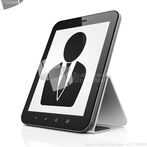 Image of Marketing concept: Business Man on tablet pc computer