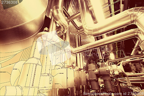 Image of Sketch of piping design mixed with industrial equipment photo