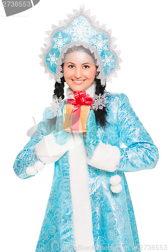 Image of Young brunette in a suit of snow maiden