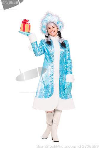 Image of Young brunette in a suit of snow maiden