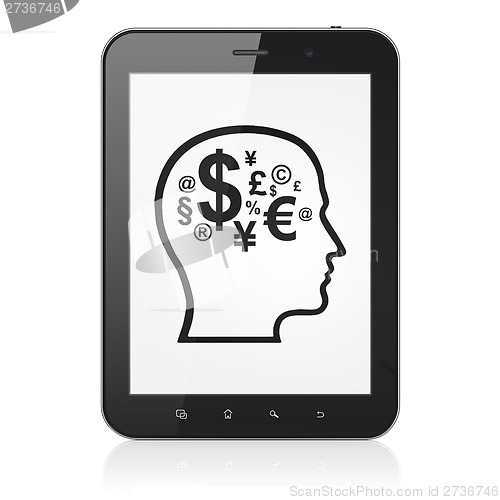 Image of Advertising concept: Head With Finance Symbol on tablet