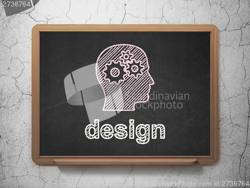 Image of Marketing concept: Head With Gears and Design on chalkboard