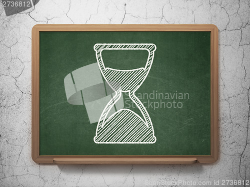 Image of Time concept: Hourglass on chalkboard background