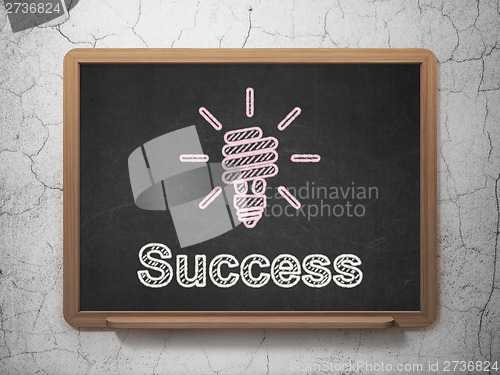 Image of Finance concept: Energy Saving Lamp and Success on chalkboard