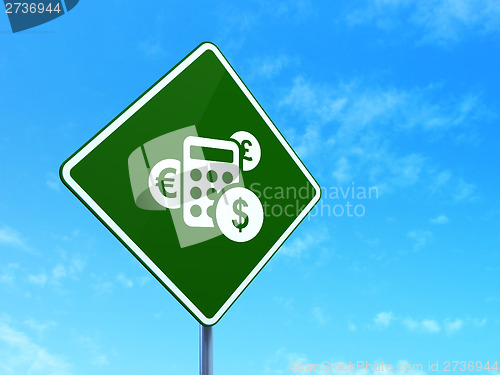 Image of News concept: Calculator on road sign background