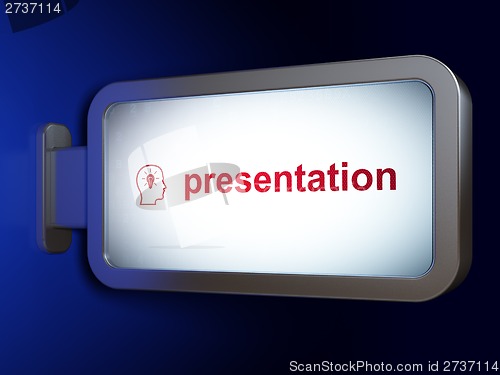 Image of Advertising concept: Presentation and Head With Lightbulb on billboard background