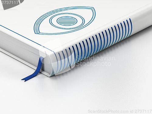 Image of Protection concept: closed book, Eye on white background