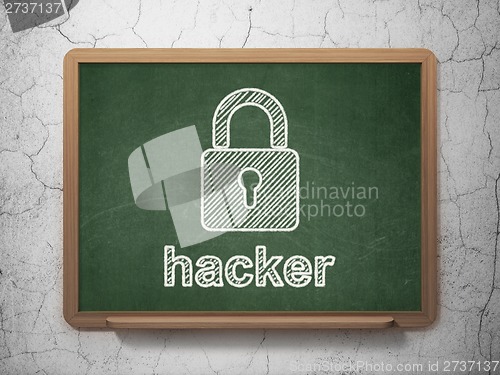 Image of Security concept: Closed Padlock and Hacker on chalkboard background