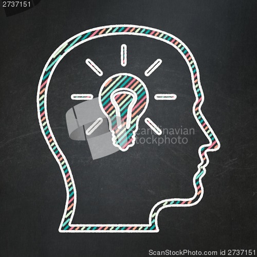 Image of Information concept: Head With Lightbulb on chalkboard background