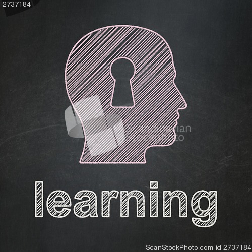 Image of Education concept: Head With Keyhole and Learning on chalkboard background
