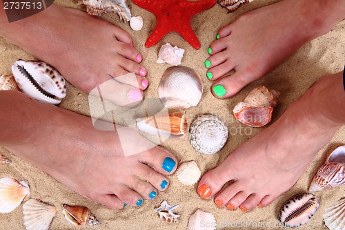 Image of womens legs in the sand and shells 