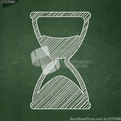 Image of Time concept: Hourglass on chalkboard background
