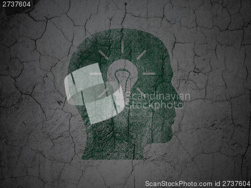 Image of Data concept: Head With Light Bulb on grunge wall background