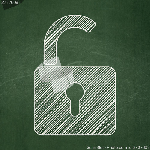 Image of Protection concept: Opened Padlock on chalkboard background