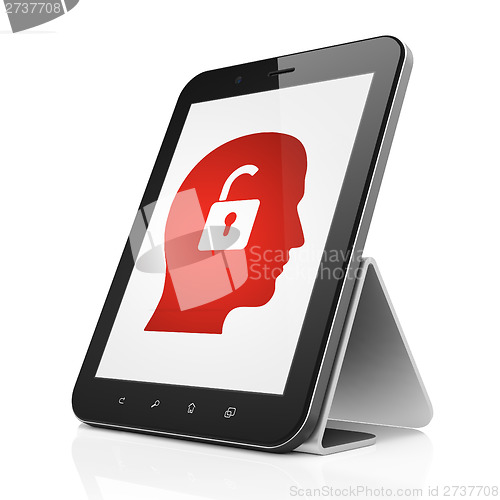 Image of Business concept: Head With Padlock on tablet pc computer