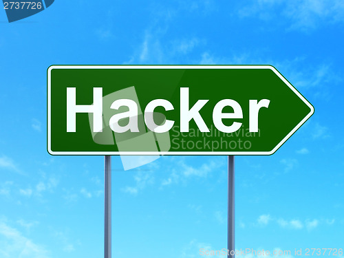 Image of Safety concept: Hacker on road sign background