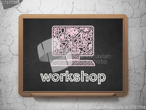 Image of Education concept: Computer Pc and Workshop on chalkboard