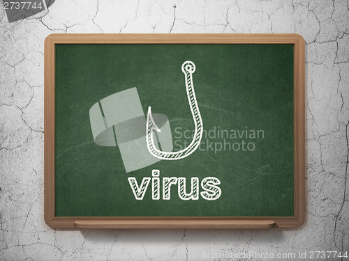 Image of Protection concept: Fishing Hook and Virus on chalkboard