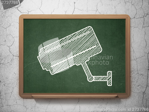 Image of Safety concept: Cctv Camera on chalkboard background