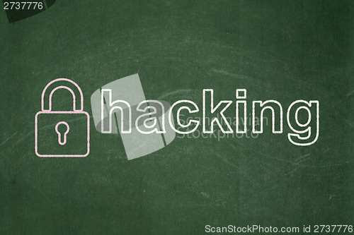 Image of Safety concept: Closed Padlock and Hacking on chalkboard