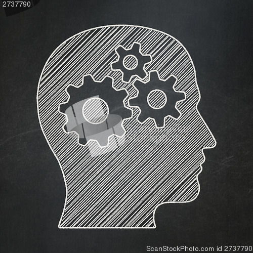 Image of Advertising concept: Head With Gears on chalkboard background