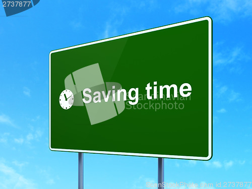 Image of Timeline concept: Saving Time and Clock on road sign background