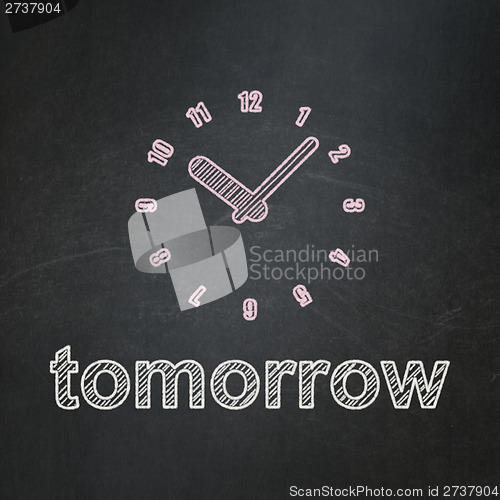 Image of Time concept: Clock and Tomorrow on chalkboard background