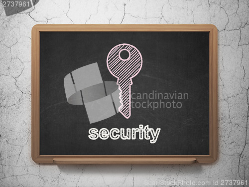 Image of Protection concept: Key and Security on chalkboard background