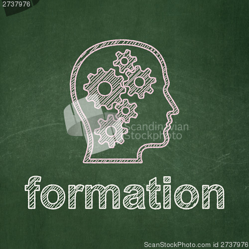 Image of Education concept: Head With Gears and Formation on chalkboard