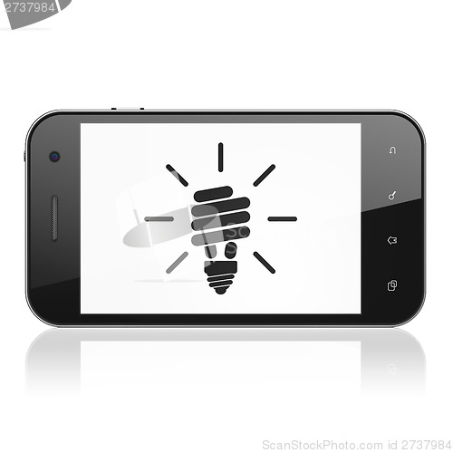Image of Business concept: Energy Saving Lamp on smartphone