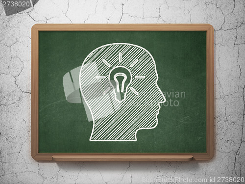 Image of Information concept: Head With Light Bulb on chalkboard