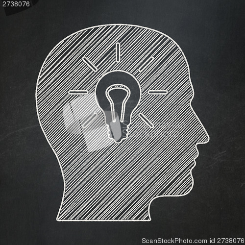 Image of Marketing concept: Head With Light Bulb on chalkboard background