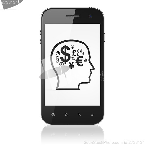 Image of Marketing concept: Head With Finance Symbol on smartphone