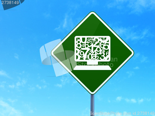 Image of Education concept: Computer Pc on road sign background