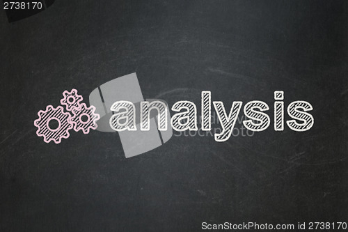 Image of Advertising concept: Gears and Analysis on chalkboard background