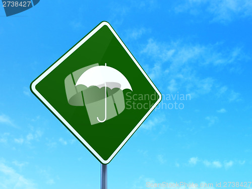 Image of Privacy concept: Umbrella on road sign background