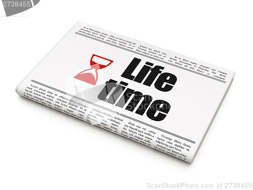 Image of Time news concept: newspaper with Life Time and Hourglass