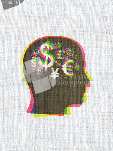 Image of Advertising concept: Head With Finance Symbol on fabric texture