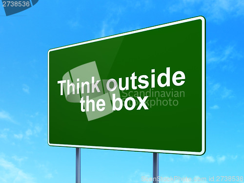 Image of Education concept: Think outside The box on road sign background