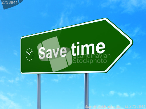 Image of Timeline concept: Save Time and Clock on road sign background