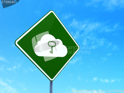 Image of Cloud computing concept: Cloud With Key on road sign background