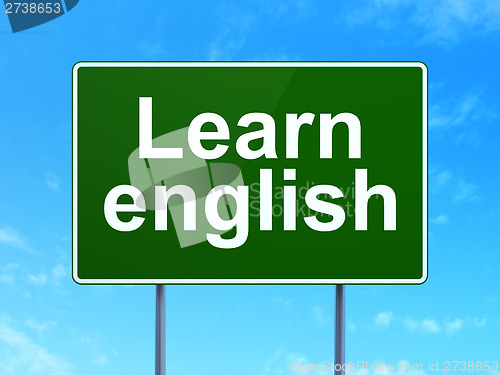 Image of Education concept: Learn English on road sign background