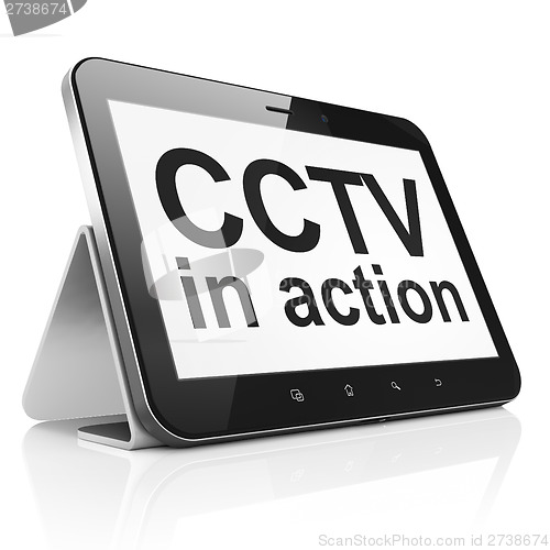 Image of Privacy concept: CCTV In action on tablet pc computer