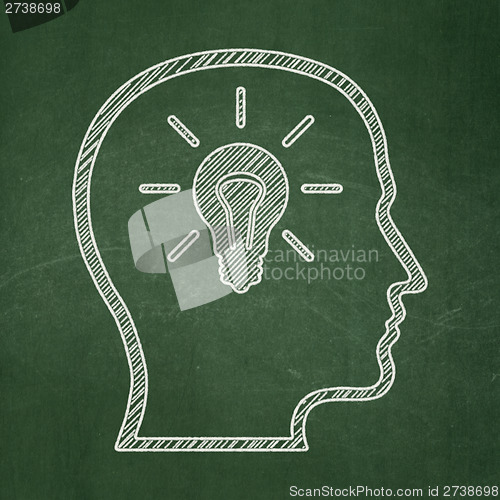 Image of Marketing concept: Head With Lightbulb on chalkboard background
