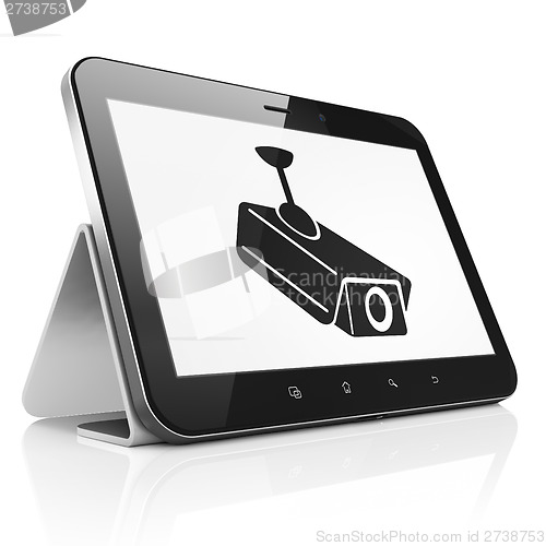 Image of Privacy concept: Cctv Camera on tablet pc computer