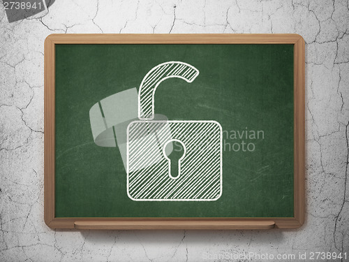 Image of Security concept: Opened Padlock on chalkboard background
