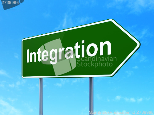 Image of Finance concept: Integration on road sign background