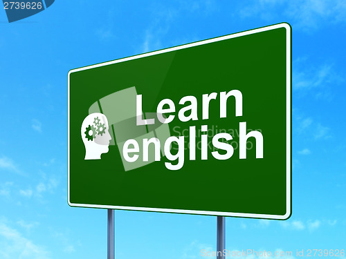 Image of Education concept: Learn English and Head Gears on road sign